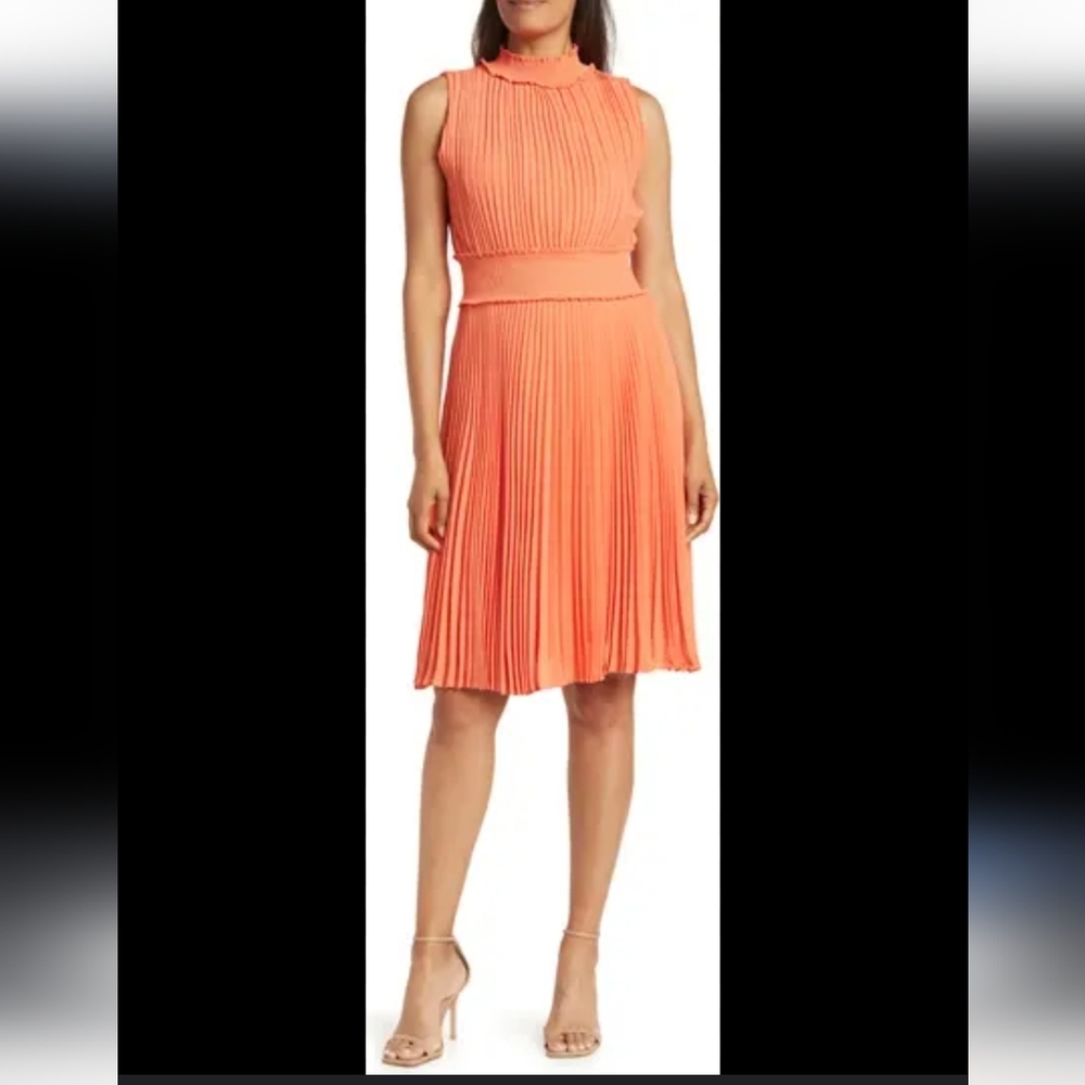 Nanette Nanette Lepore $148 Vivid Coral Smocked and Pleated Sleeveless Dress NEW